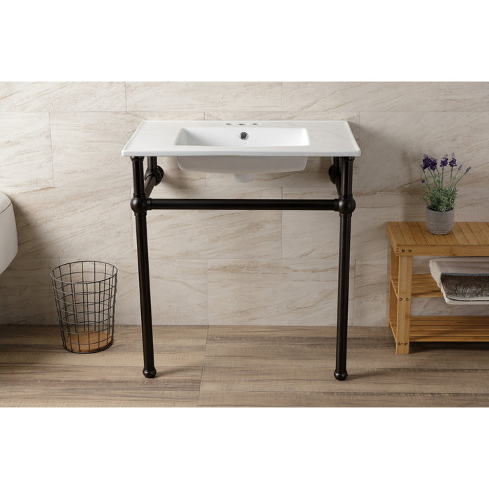 Fauceture KVBH31227W4B5 31-Inch Console Sink with Brass Legs (8-Inch, 3 Hole), White/Oil Rubbed Bronze