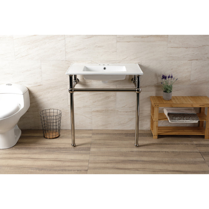 Fauceture KVBH31227W4B6 31-Inch Console Sink with Brass Legs (8-Inch, 3 Hole), White/Polished Nickel