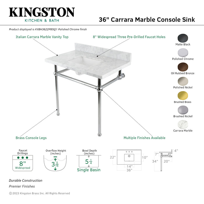 Fauceture KVBH3622M8SQ1 36-Inch Console Sink with Brass Legs (8-Inch, 3 Hole), Marble White/Polished Chrome