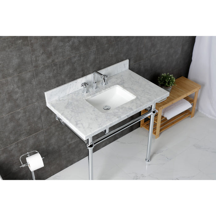 Fauceture KVBH3622M8SQ1 36-Inch Console Sink with Brass Legs (8-Inch, 3 Hole), Marble White/Polished Chrome