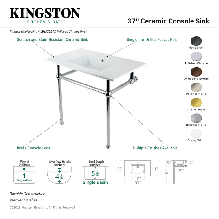 Fauceture KVBH37227PN 37-Inch Console Sink with Brass Legs (Single Faucet Hole), White/Polished Nickel