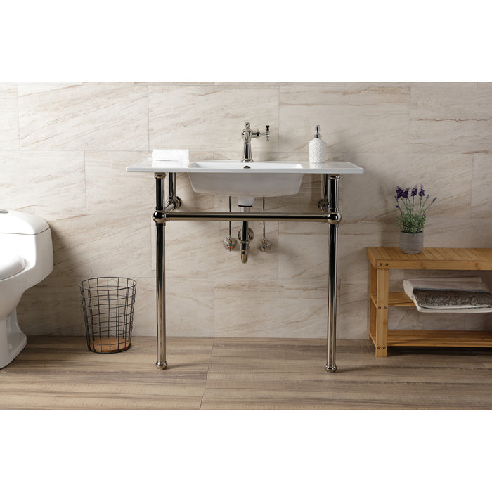 Fauceture KVBH37227PN 37-Inch Console Sink with Brass Legs (Single Faucet Hole), White/Polished Nickel