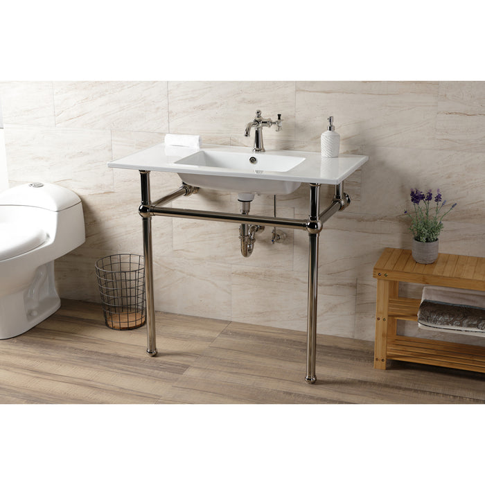 Fauceture KVBH37227PN 37-Inch Console Sink with Brass Legs (Single Faucet Hole), White/Polished Nickel