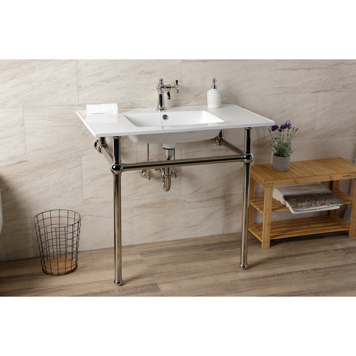 Fauceture KVBH37227PN 37-Inch Console Sink with Brass Legs (Single Faucet Hole), White/Polished Nickel