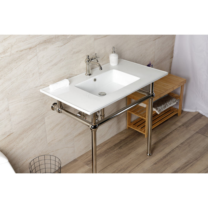 Fauceture KVBH37227PN 37-Inch Console Sink with Brass Legs (Single Faucet Hole), White/Polished Nickel