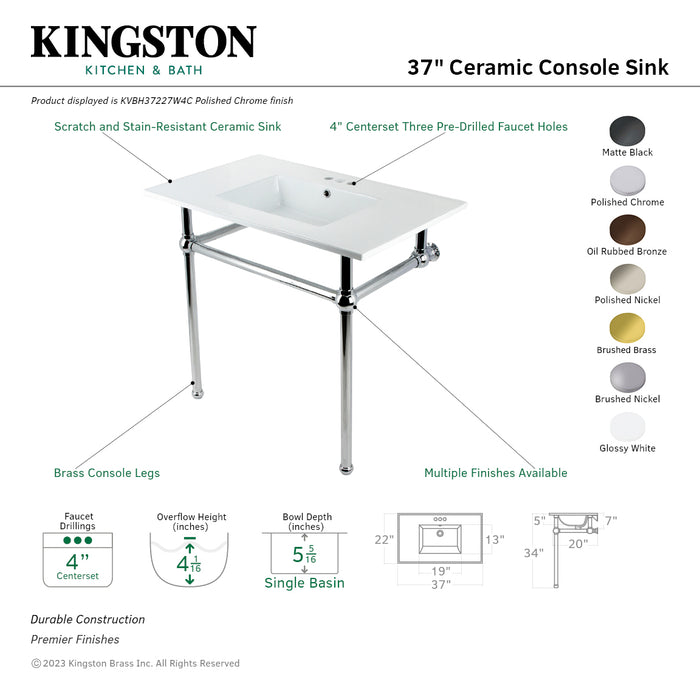 Fauceture KVBH37227W4C 37-Inch Console Sink with Brass Legs (4-Inch, 3 Hole), White/Polished Chrome