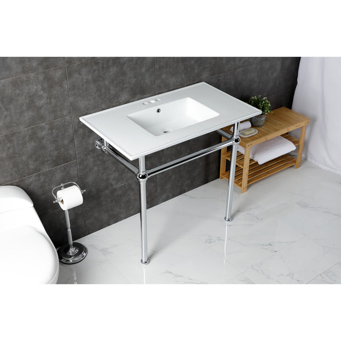 Fauceture KVBH37227W4C 37-Inch Console Sink with Brass Legs (4-Inch, 3 Hole), White/Polished Chrome