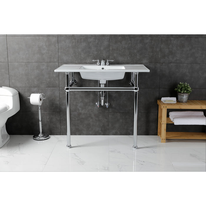 Fauceture KVBH37227W4C 37-Inch Console Sink with Brass Legs (4-Inch, 3 Hole), White/Polished Chrome