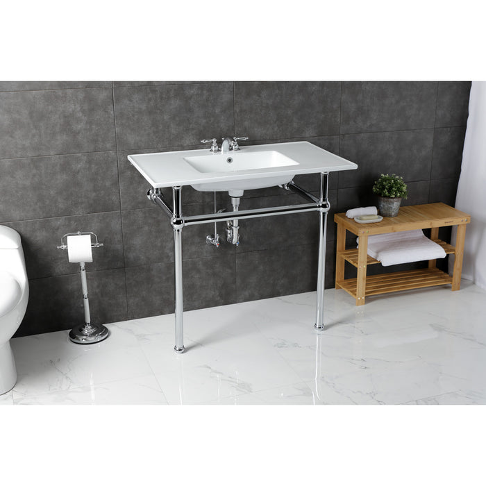 Fauceture KVBH37227W4C 37-Inch Console Sink with Brass Legs (4-Inch, 3 Hole), White/Polished Chrome