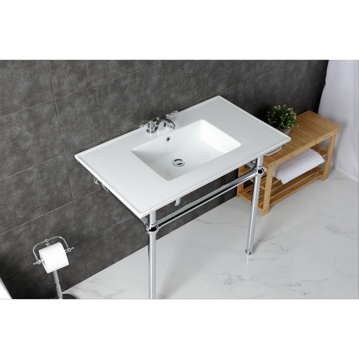 Fauceture KVBH37227W4C 37-Inch Console Sink with Brass Legs (4-Inch, 3 Hole), White/Polished Chrome