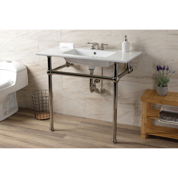 Fauceture KVBH37227W4PN 37-Inch Console Sink with Brass Legs (4-Inch, 3 Hole), White/Polished Nickel