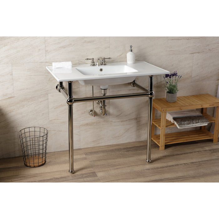 Fauceture KVBH37227W4PN 37-Inch Console Sink with Brass Legs (4-Inch, 3 Hole), White/Polished Nickel