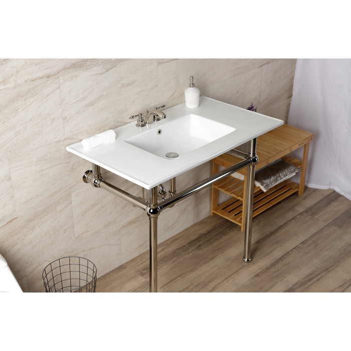 Fauceture KVBH37227W4PN 37-Inch Console Sink with Brass Legs (4-Inch, 3 Hole), White/Polished Nickel