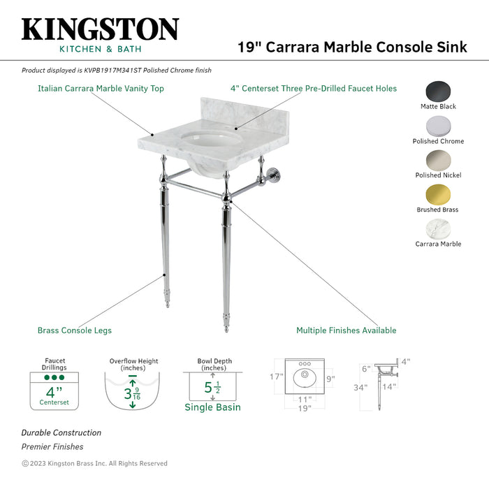 Fauceture KVPB1917M340ST 19-Inch Carrara Marble Console Sink with Brass Legs (4" Faucet Drillings), Marble White/Matte Black