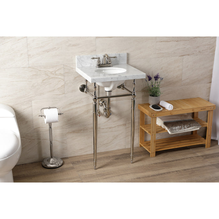 Fauceture KVPB1917M346ST 19-Inch Carrara Marble Console Sink with Brass Legs (4" Faucet Drillings), Marble White/Polished Nickel