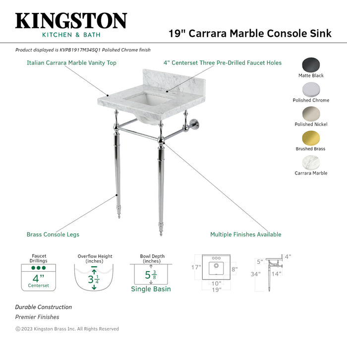 Fauceture KVPB1917M34SQ1 19-Inch Carrara Marble Console Sink with Brass Legs (4" Faucet Drillings), Marble White/Polished Chrome