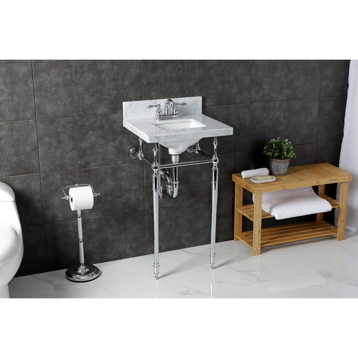 Fauceture KVPB1917M34SQ1 19-Inch Carrara Marble Console Sink with Brass Legs (4" Faucet Drillings), Marble White/Polished Chrome