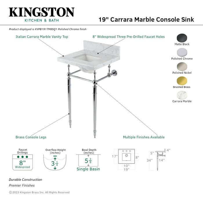 Fauceture KVPB1917M8SQ1 19-Inch Carrara Marble Console Sink with Brass Legs (8" Faucet Drillings), Marble White/Polished Chrome