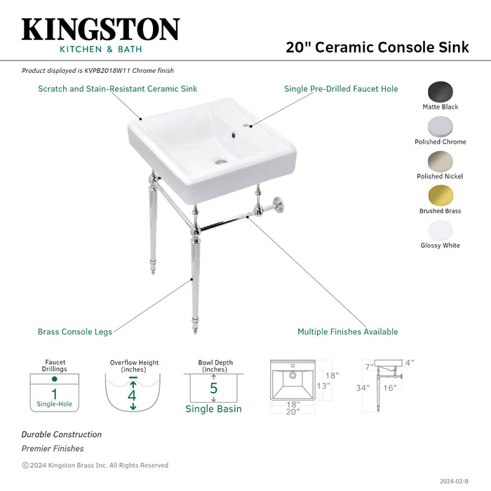 Edwardian KVPB2018W16 20-Inch Console Sink with Brass Legs, White/Polished Nickel