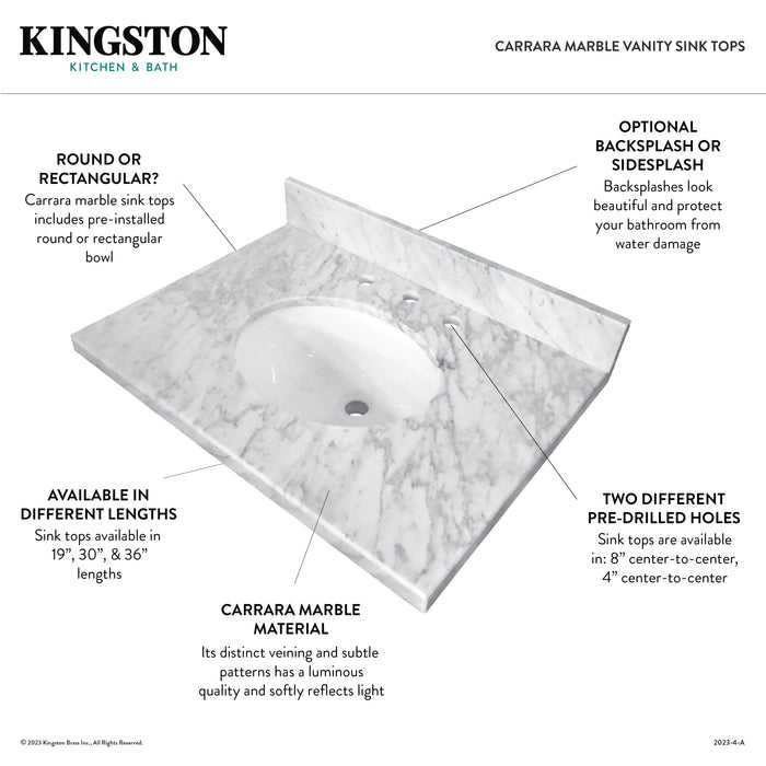 Templeton KVPB3022M38 Marble Vanity Sink Top, Carrara Marble