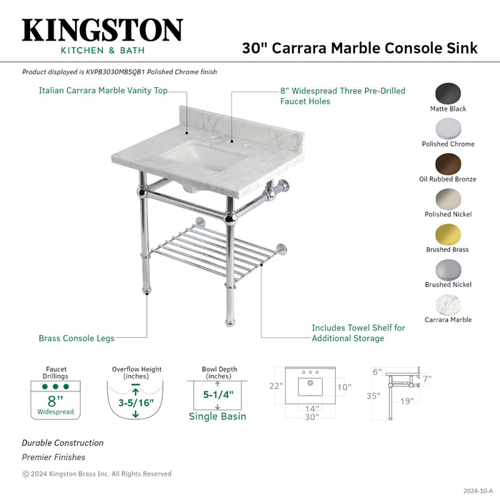 Templeton KVPB3030MBSQB6 30-Inch Console Sink with Brass Legs (8-Inch, 3 Hole), Carrara Marble/Polished Nickel