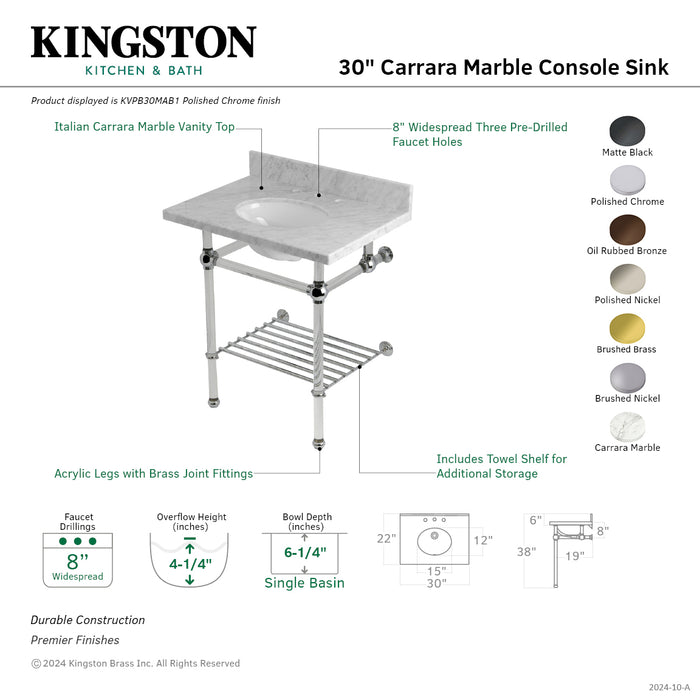 Templeton KVPB30MAB1 30-Inch Console Sink with Acrylic Legs (8-Inch, 3 Hole), Carrara Marble/Polished Chrome