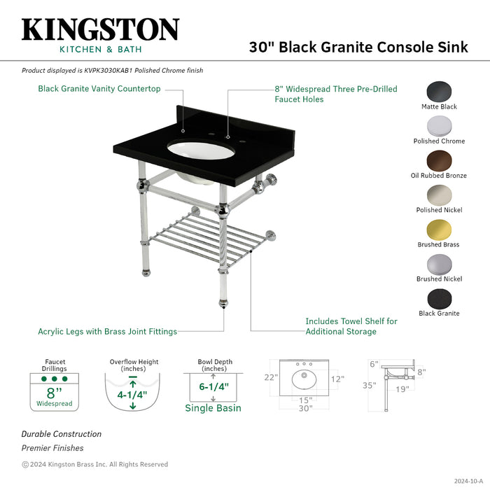 Templeton KVPK3030KAB1 30-Inch Console Sink with Acrylic Legs (8-Inch, 3 Hole), Black Granite/Polished Chrome