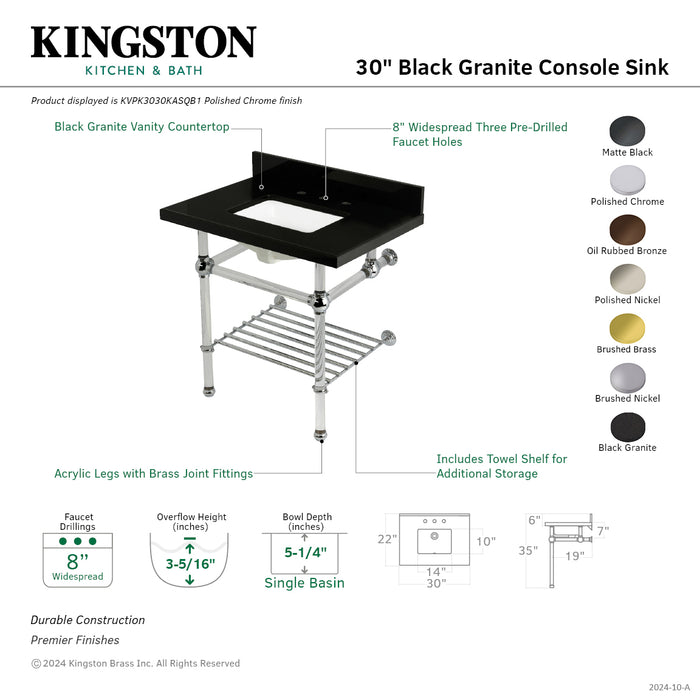 Templeton KVPK3030KASQB0 30-Inch Console Sink with Acrylic Legs (8-Inch, 3 Hole), Black Granite/Matte Black