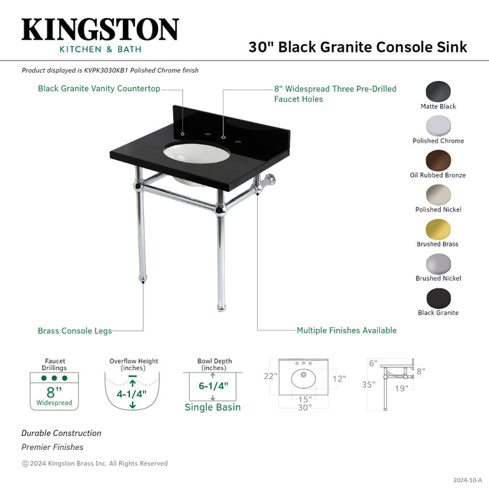 Templeton KVPK3030KB8 30-Inch Black Granite Console Sink with Brass Legs, Black Granite/Brushed Nickel