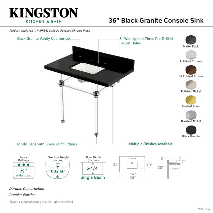 Templeton KVPK3630KASQ6 36-Inch Black Granite Console Sink with Acrylic Legs, Black Granite/Polished Nickel