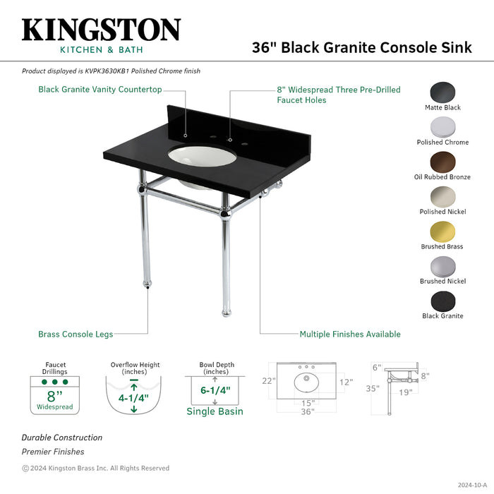 Templeton KVPK3630KB6 36-Inch Black Granite Console Sink with Brass Legs, Black Granite/Polished Nickel