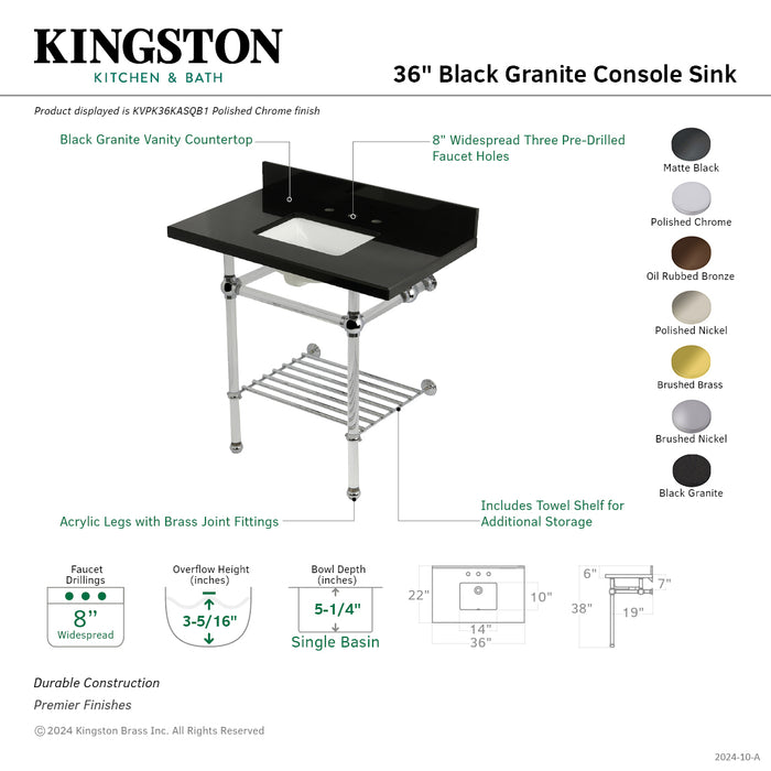 Templeton KVPK36KASQB0 36-Inch Console Sink with Acrylic Legs (8-Inch, 3 Hole), Black Granite/Matte Black