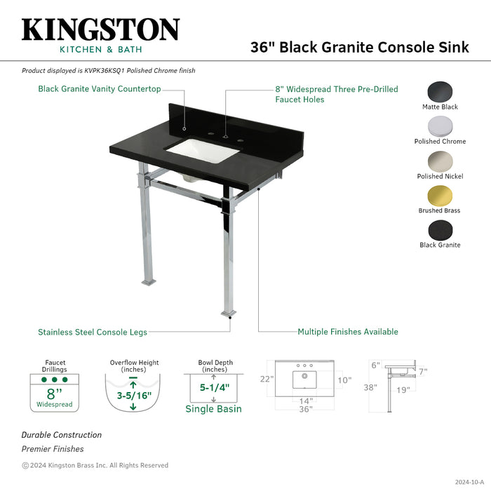 Monarch KVPK36KSQ7 36-Inch Black Granite Console Sink with Stainless Steel Legs, Black Granite/Brushed Brass