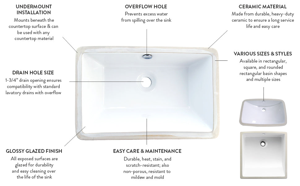 Courtyard LB18127 Ceramic Rectangular Undermount Bathroom Sink, White