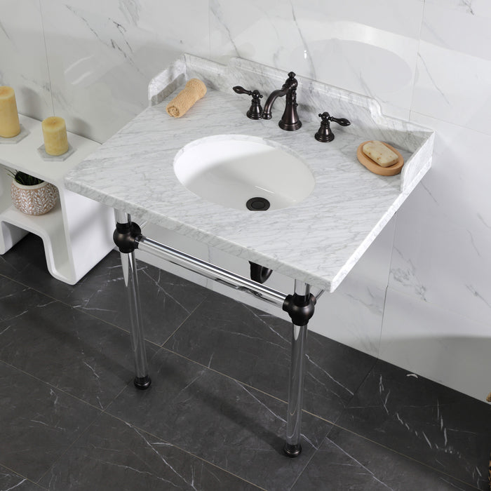 Fauceture LMS3030MA5 30-Inch Carrara Marble Console Sink with Acrylic Legs, Marble White/Oil Rubbed Bronze