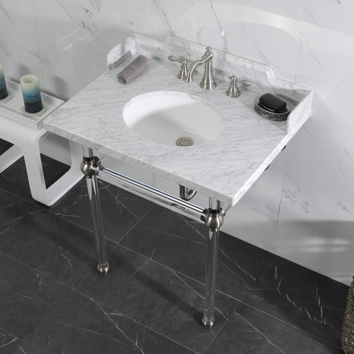 Fauceture LMS3030MA8 30-Inch Carrara Marble Console Sink with Acrylic Legs, Marble White/Brushed Nickel