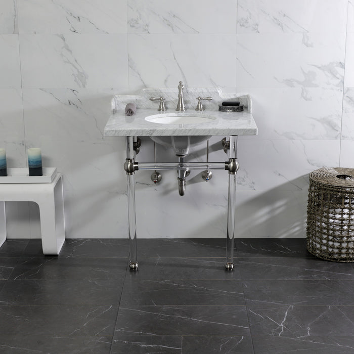 Fauceture LMS3030MA8 30-Inch Carrara Marble Console Sink with Acrylic Legs, Marble White/Brushed Nickel