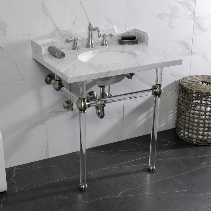 Fauceture LMS3030MA8 30-Inch Carrara Marble Console Sink with Acrylic Legs, Marble White/Brushed Nickel