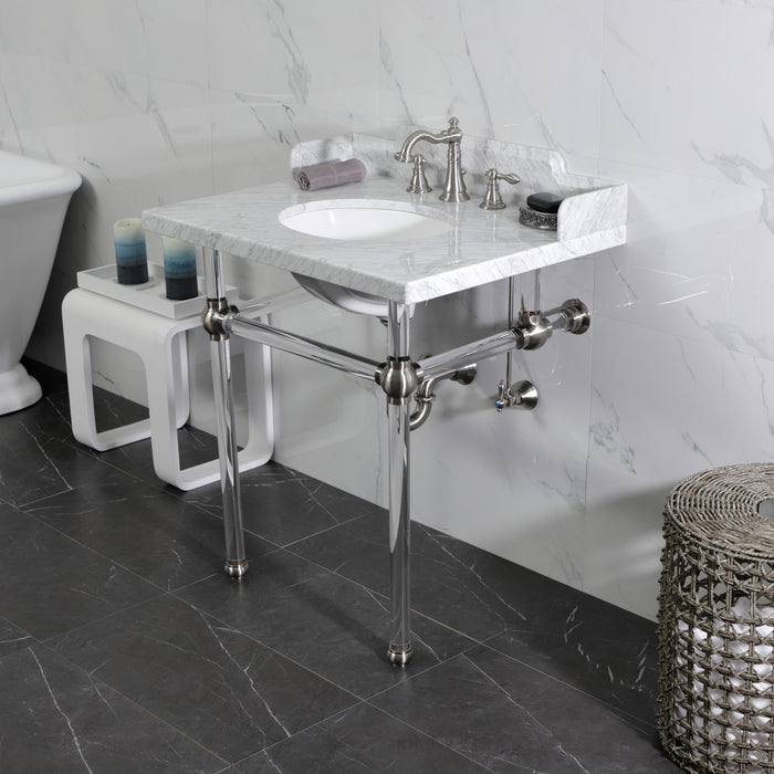 Fauceture LMS3030MA8 30-Inch Carrara Marble Console Sink with Acrylic Legs, Marble White/Brushed Nickel