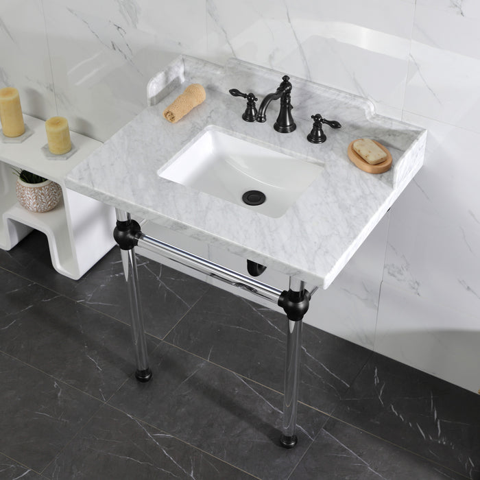 Fauceture LMS3030MASQ0 30-Inch Carrara Marble Console Sink with Acrylic Legs, Marble White/Matte Black