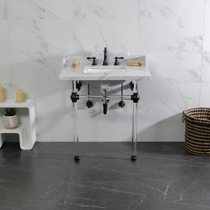 Fauceture LMS3030MASQ0 30-Inch Carrara Marble Console Sink with Acrylic Legs, Marble White/Matte Black