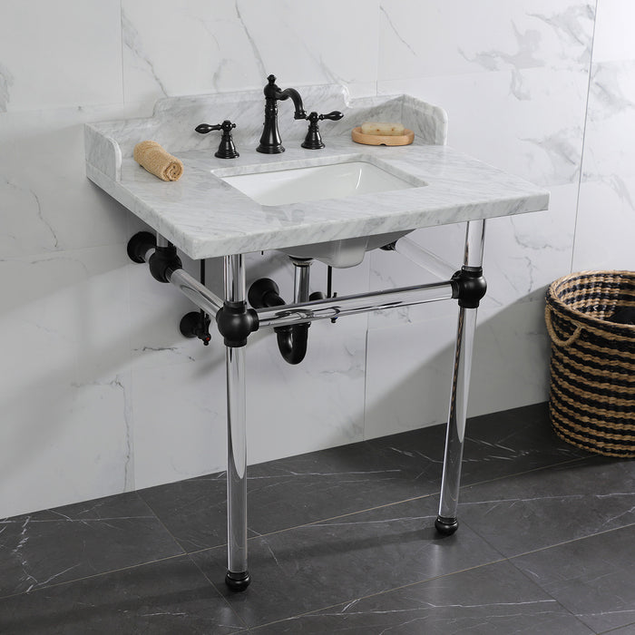 Fauceture LMS3030MASQ0 30-Inch Carrara Marble Console Sink with Acrylic Legs, Marble White/Matte Black