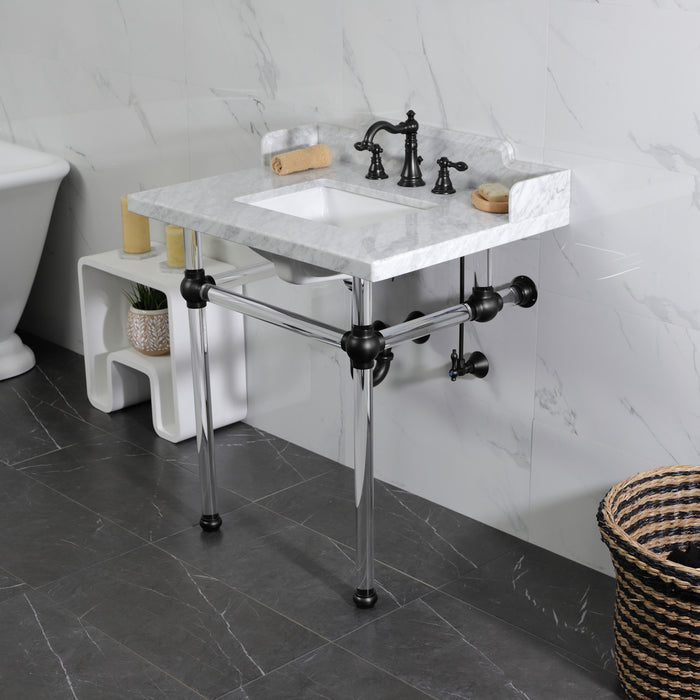 Fauceture LMS3030MASQ0 30-Inch Carrara Marble Console Sink with Acrylic Legs, Marble White/Matte Black