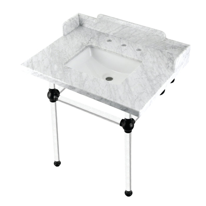 Fauceture LMS3030MASQ0 30-Inch Carrara Marble Console Sink with Acrylic Legs, Marble White/Matte Black