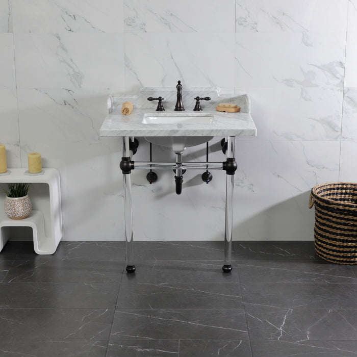 Fauceture LMS3030MASQ5 30-Inch Carrara Marble Console Sink with Acrylic Legs, Marble White/Oil Rubbed Bronze