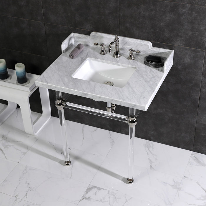 Fauceture LMS3030MASQ6 30-Inch Carrara Marble Console Sink with Acrylic Legs, Marble White/Polished Nickel