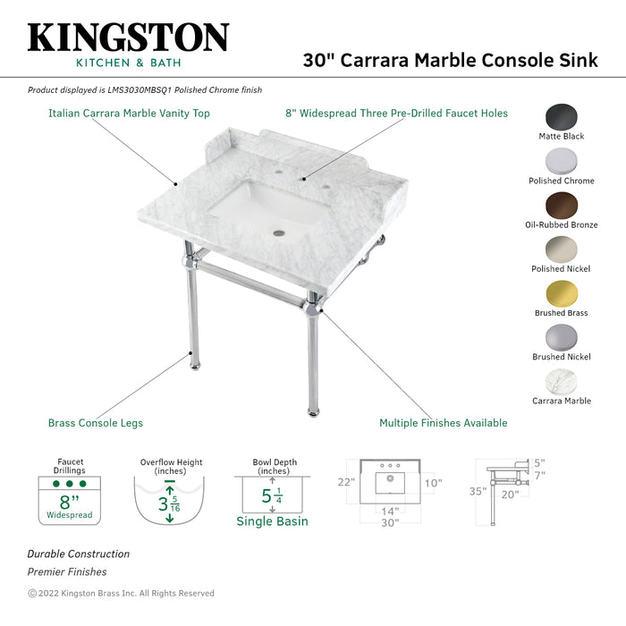 Fauceture LMS3030MBSQ5 30-Inch Carrara Marble Console Sink with Brass Legs, Marble White/Oil Rubbed Bronze