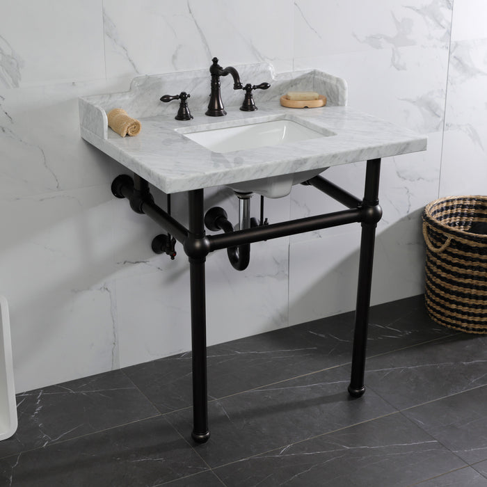 Fauceture LMS3030MBSQ5 30-Inch Carrara Marble Console Sink with Brass Legs, Marble White/Oil Rubbed Bronze