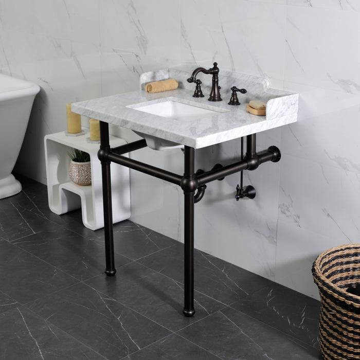 Fauceture LMS3030MBSQ5 30-Inch Carrara Marble Console Sink with Brass Legs, Marble White/Oil Rubbed Bronze