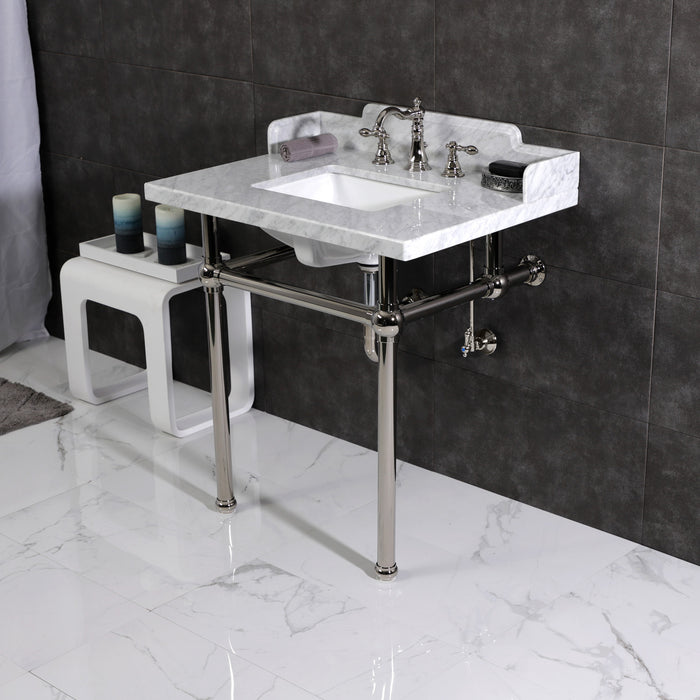 Fauceture LMS3030MBSQ6 30-Inch Carrara Marble Console Sink with Brass Legs, Marble White/Polished Nickel